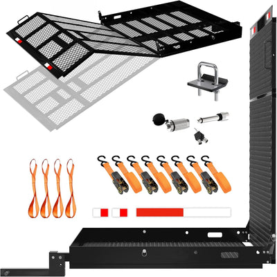 40"X40"X4" Square Trailer Hitch Cargo Carrier with Ramp | 500Lbs Cap Steel Scooter Carrier for Car Hitch with Ramp | Vehicle Cargo Baskets for 2" Receivers | Includes Straps, Lock & Stabilizer