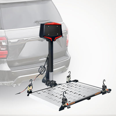Hitch-Mounted Foldable Electric Wheelchair Carrier, 350 Lbs Capacity, with Lift, Retractors, LED Warning Light, Manual Backup Crank AMD Plate Holder, Fits 2" Receiver