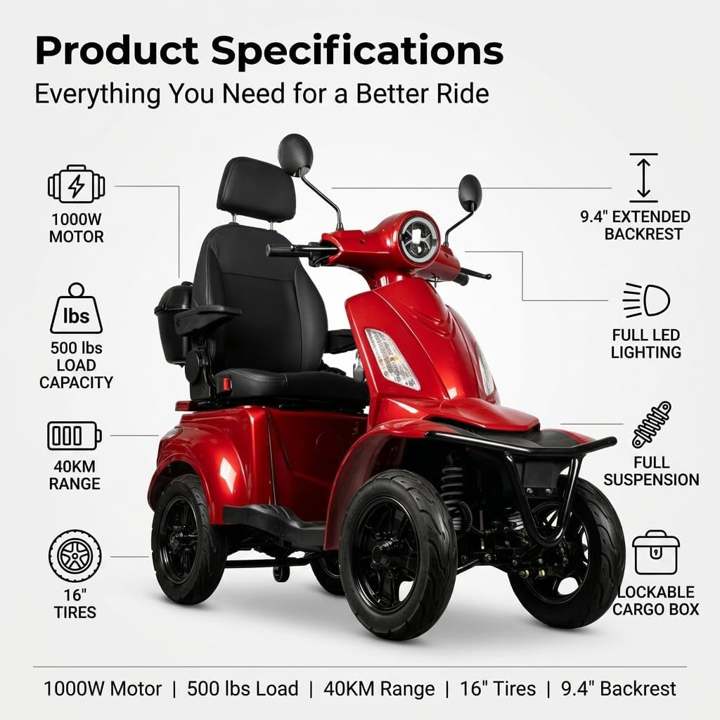 Comfort Heavy Duty Mobility Scooter for Adults & Seniors, 1000W 4-Wheel Electric Mobility Scooter, 500 Lbs Capacity, 16" Tires, 40KM Range for Travel, Reclining Seat for Tall Adults, 3-Speed Control