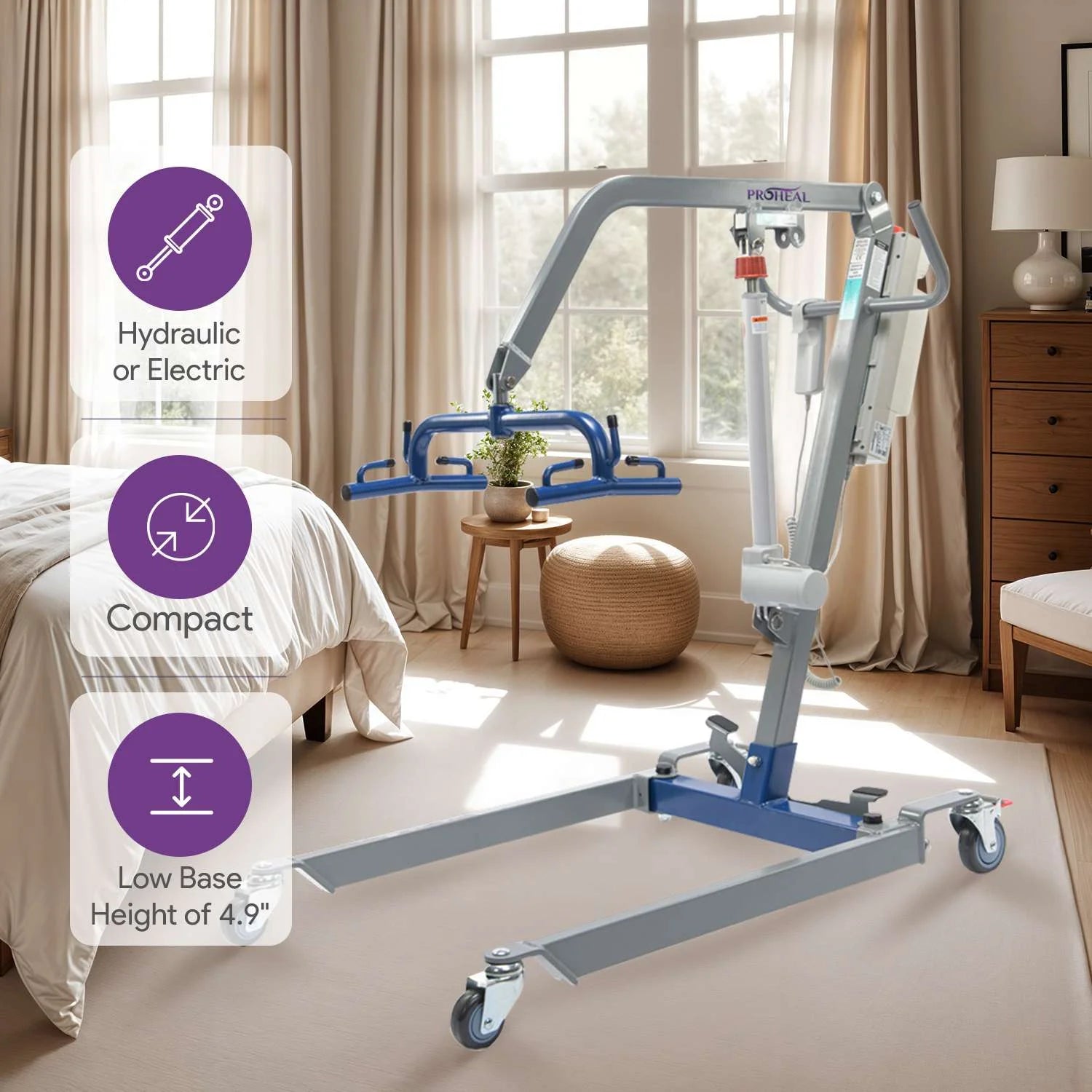 Portable Hydraulic Patient Lift for Home Use - 6 Point Spreader - with Electric Upgrade - Expandable Base, Compact
