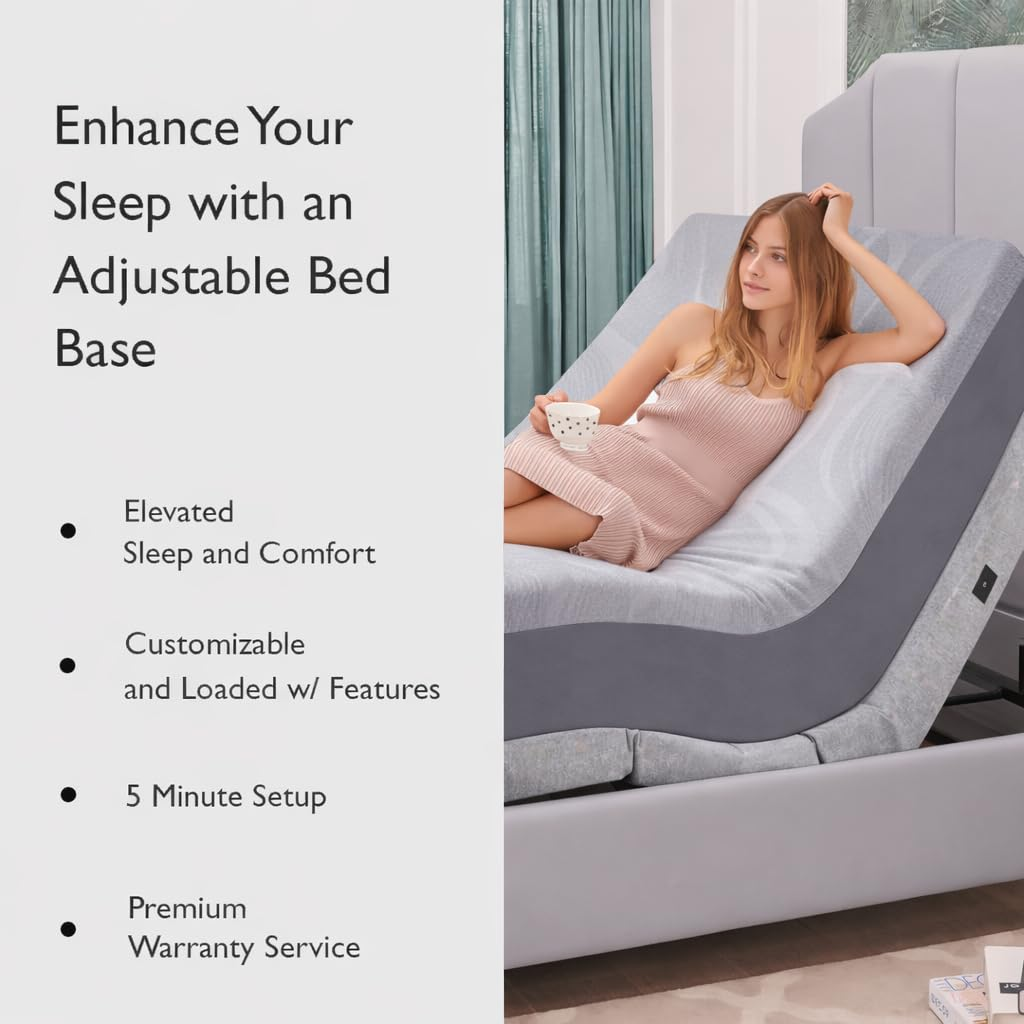 Twin XL Adjustable Bed Base with 14 Inch Prime Gel Memory Foam Mattress - Dual Massage - USB Ports - Zero Gravity - Underbed Light - Wireless Remote - Zero Clearance