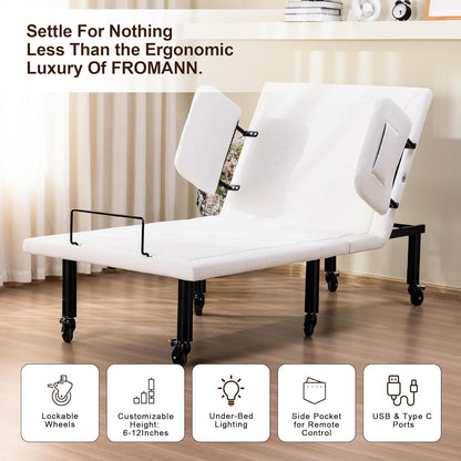 Twin XL Adjustable Bed Frame, Electric Bed Base with Massage, Zero Gravity Mode, Underbed LED Nightlight, Dual Side Rails, Lockable Wheels, Wireless Remote & USB Charging, Heavy Duty Steel
