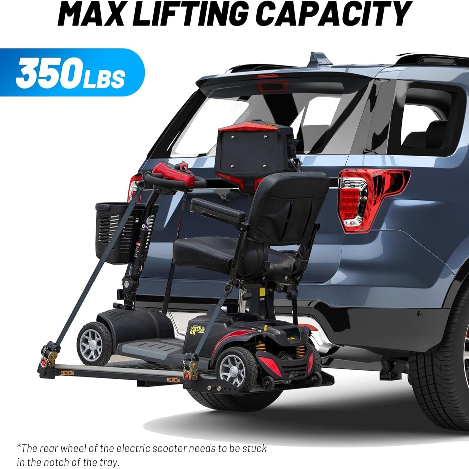 Hitch-Mounted Foldable Electric Wheelchair Carrier, 350 Lbs Capacity, with Lift, Retractors, LED Warning Light, Manual Backup Crank AMD Plate Holder, Fits 2" Receiver