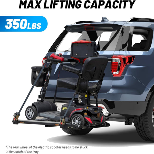 Hitch-Mounted Foldable Electric Wheelchair Carrier, 350 Lbs Capacity, with Lift, Retractors, LED Warning Light, Manual Backup Crank AMD Plate Holder, Fits 2" Receiver