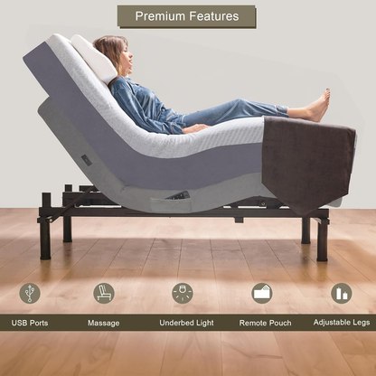 Twin XL Adjustable Bed Base with 14 Inch Prime Gel Memory Foam Mattress - Dual Massage - USB Ports - Zero Gravity - Underbed Light - Wireless Remote - Zero Clearance