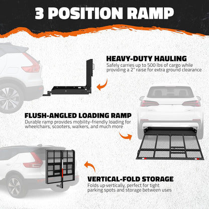 40"X40"X4" Square Trailer Hitch Cargo Carrier with Ramp | 500Lbs Cap Steel Scooter Carrier for Car Hitch with Ramp | Vehicle Cargo Baskets for 2" Receivers | Includes Straps, Lock & Stabilizer