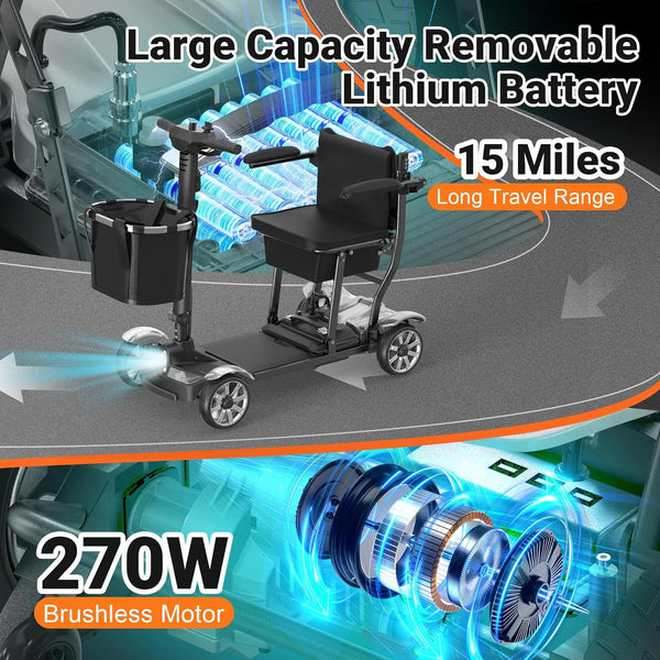 4 Wheel Mobility Scooter Built for Independence, 350 LB Capacity, 15 Mile Range, Detachable Battery