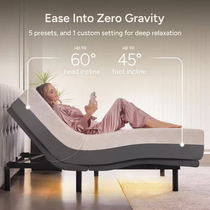 Gray Twin XL Adjustable Bed Frame Base with 14 In. Hybrid Mattress, Massage Wireless Remote Underbed Light Electric Bed