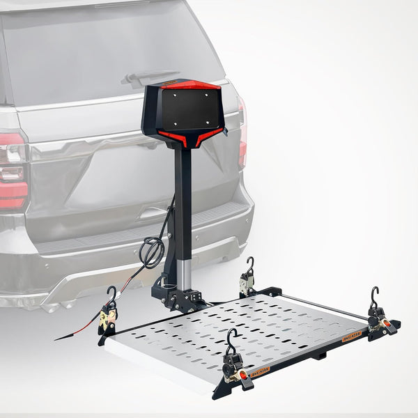 Hitch-Mounted Foldable Electric Wheelchair Carrier, 350 Lbs Capacity, with Lift, Retractors, LED Warning Light, Manual Backup Crank AMD Plate Holder, Fits 2" Receiver