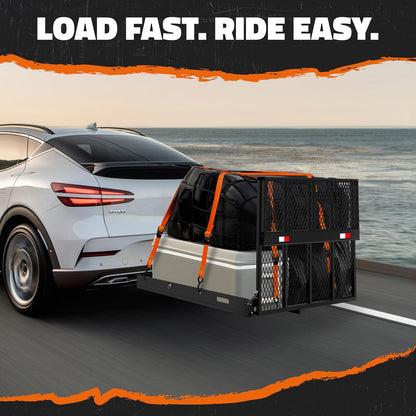 40"X40"X4" Square Trailer Hitch Cargo Carrier with Ramp | 500Lbs Cap Steel Scooter Carrier for Car Hitch with Ramp | Vehicle Cargo Baskets for 2" Receivers | Includes Straps, Lock & Stabilizer