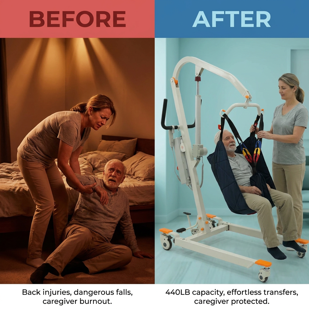 Collapsible Electric Patient Lift, Floor Lift Assist for Elderly, Medical Transfer Device with 440LBS Capacity,Portable & Easy Assembly — Before & After