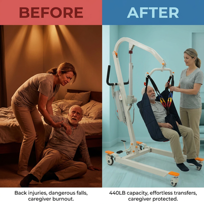 Collapsible Electric Patient Lift, Floor Lift Assist for Elderly, Medical Transfer Device with 440LBS Capacity,Portable & Easy Assembly — Before & After