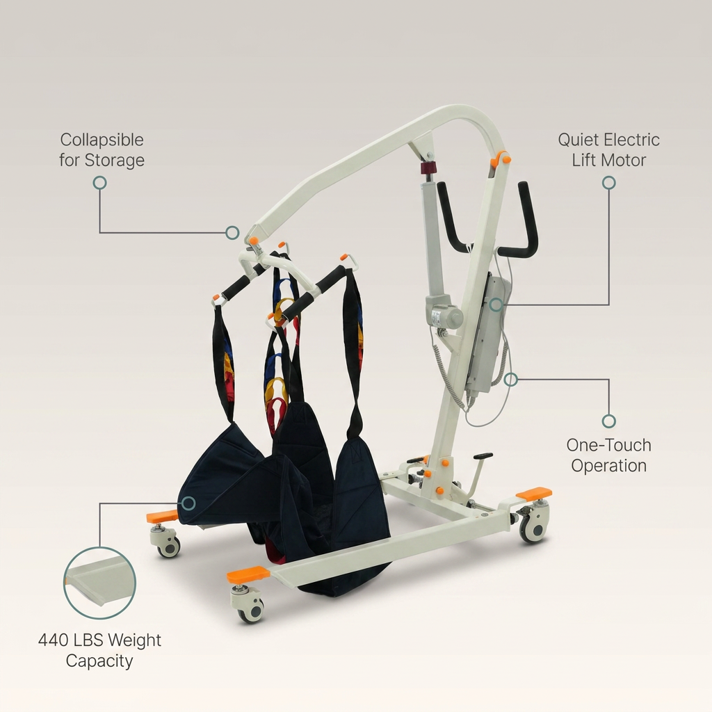 Collapsible Electric Patient Lift, Floor Lift Assist for Elderly, Medical Transfer Device with 440LBS Capacity,Portable & Easy Assembly — infographic