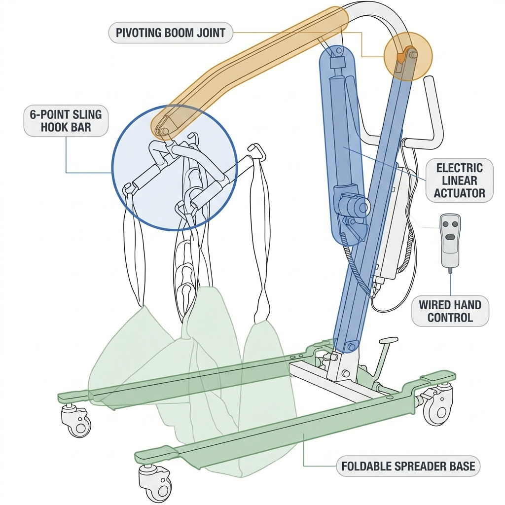 Collapsible Electric Patient Lift, Floor Lift Assist for Elderly, Medical Transfer Device with 440LBS Capacity,Portable & Easy Assembly — How It Works
