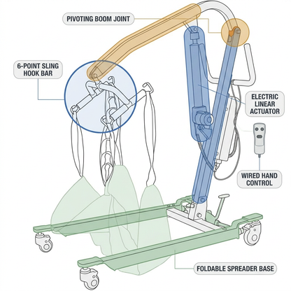 Collapsible Electric Patient Lift, Floor Lift Assist for Elderly, Medical Transfer Device with 440LBS Capacity,Portable & Easy Assembly — How It Works