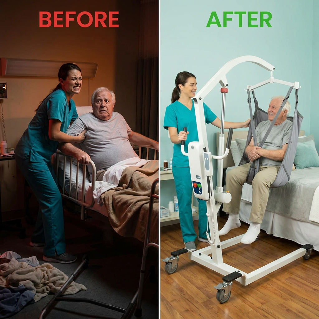 Electric Patient Lift for Home - Transfer Assist Device - Medical Transport Aid - Portable Lifter for Elderly, Bariatric, Handicap, Men & Women — Before & After