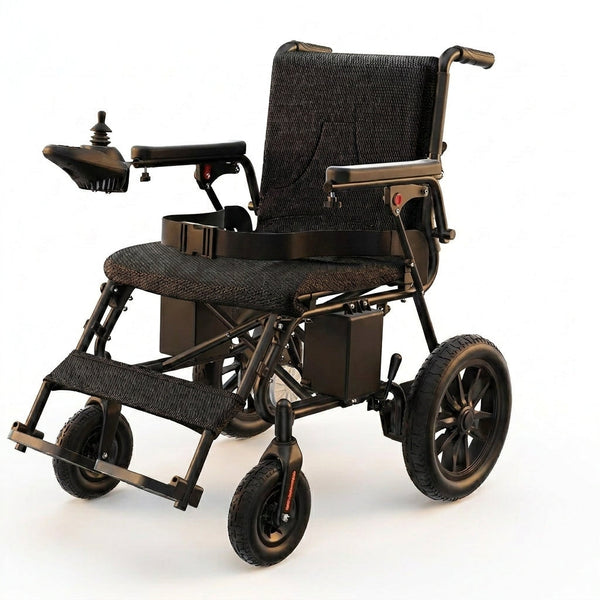 Electric Wheelchair Built to Support All Terrain Mobility, Foldable Design, 360° Joystick, 20+ Mile Range — Studio Shot