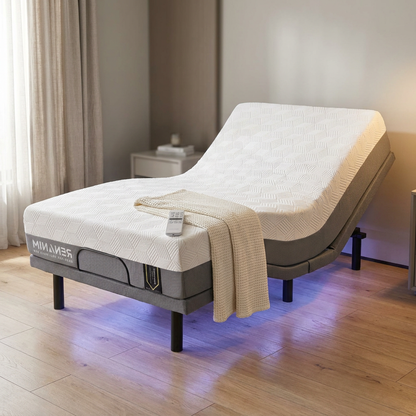 Gray Twin XL Adjustable Bed Frame Base with 14 In. Hybrid Mattress, Massage Wireless Remote Underbed Light Electric Bed — Studio Shot