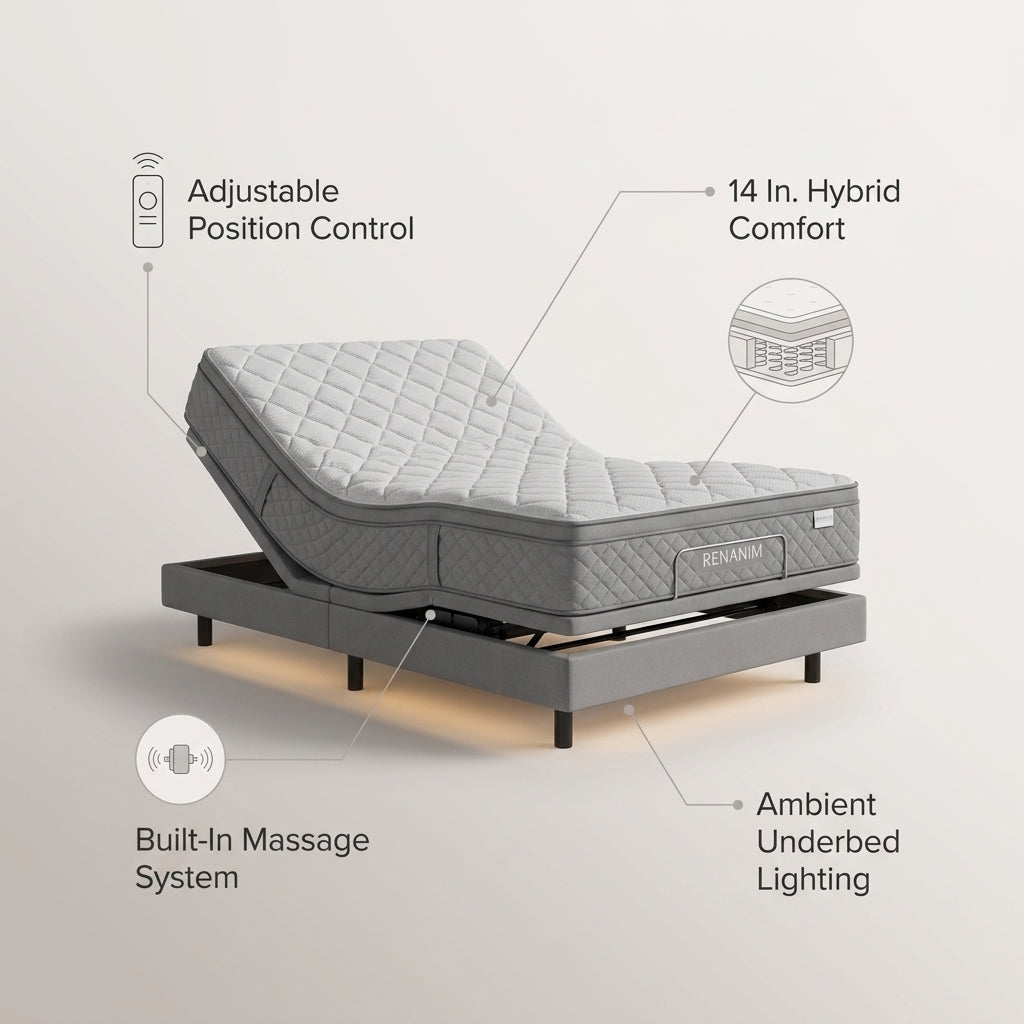 Gray Twin XL Adjustable Bed Frame Base with 14 In. Hybrid Mattress, Massage Wireless Remote Underbed Light Electric Bed — infographic