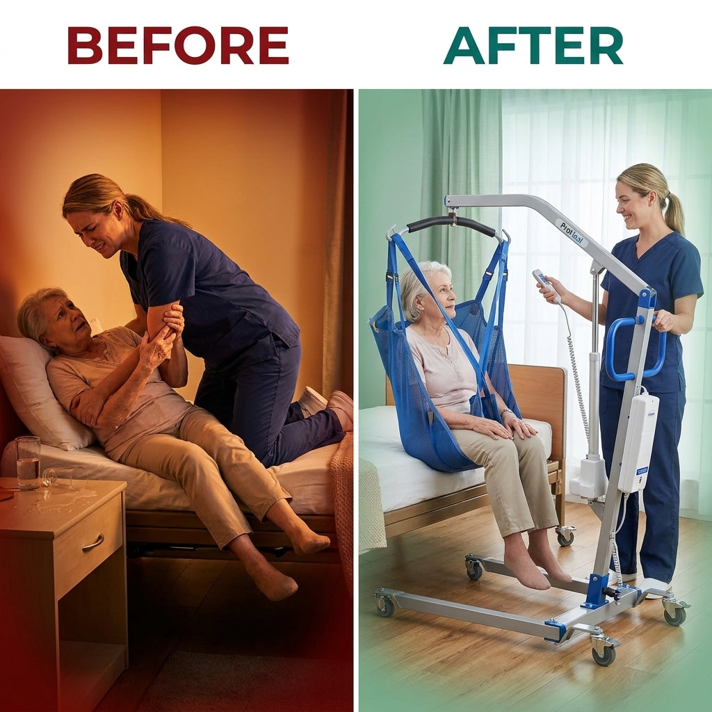 Hydraulic Patient Lift Built for Home Care Safety, 6-Point Spreader, Electric Upgrade, Expandable Base — Before & After