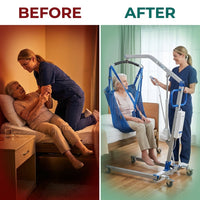 Hydraulic Patient Lift Built for Home Care Safety, 6-Point Spreader, Electric Upgrade, Expandable Base — Before & After