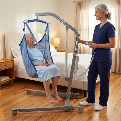 Hydraulic Patient Lift Built for Home Care Safety, 6-Point Spreader, Electric Upgrade, Expandable Base — Lifestyle