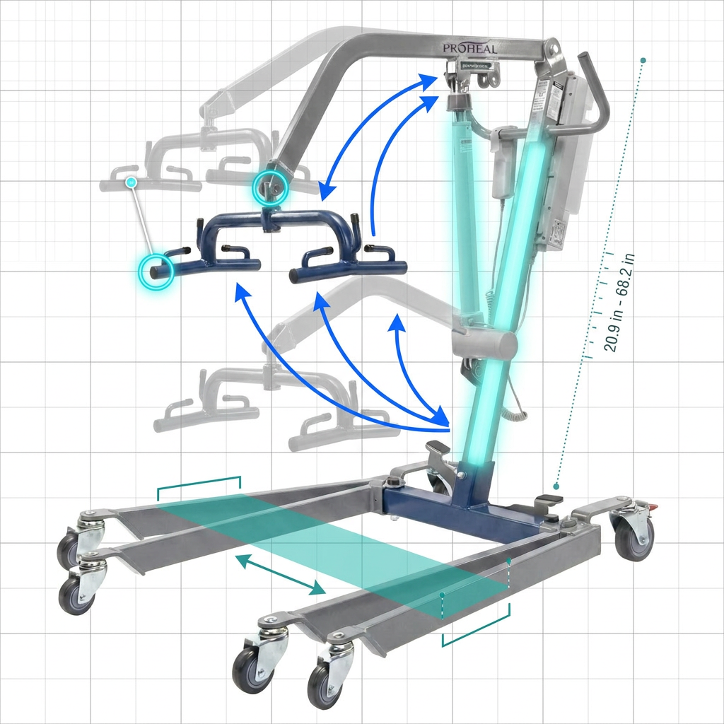 Hydraulic Patient Lift Built for Home Care Safety, 6-Point Spreader, Electric Upgrade, Expandable Base — How It Works