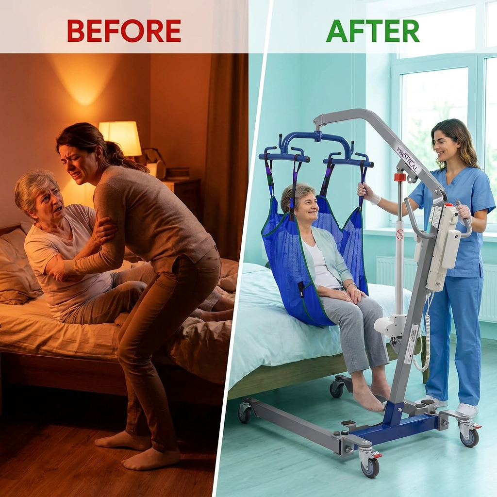 Portable Hydraulic Patient Lift for Home Use - 6 Point Spreader - with Electric Upgrade - Expandable Base, Compact — Before & After