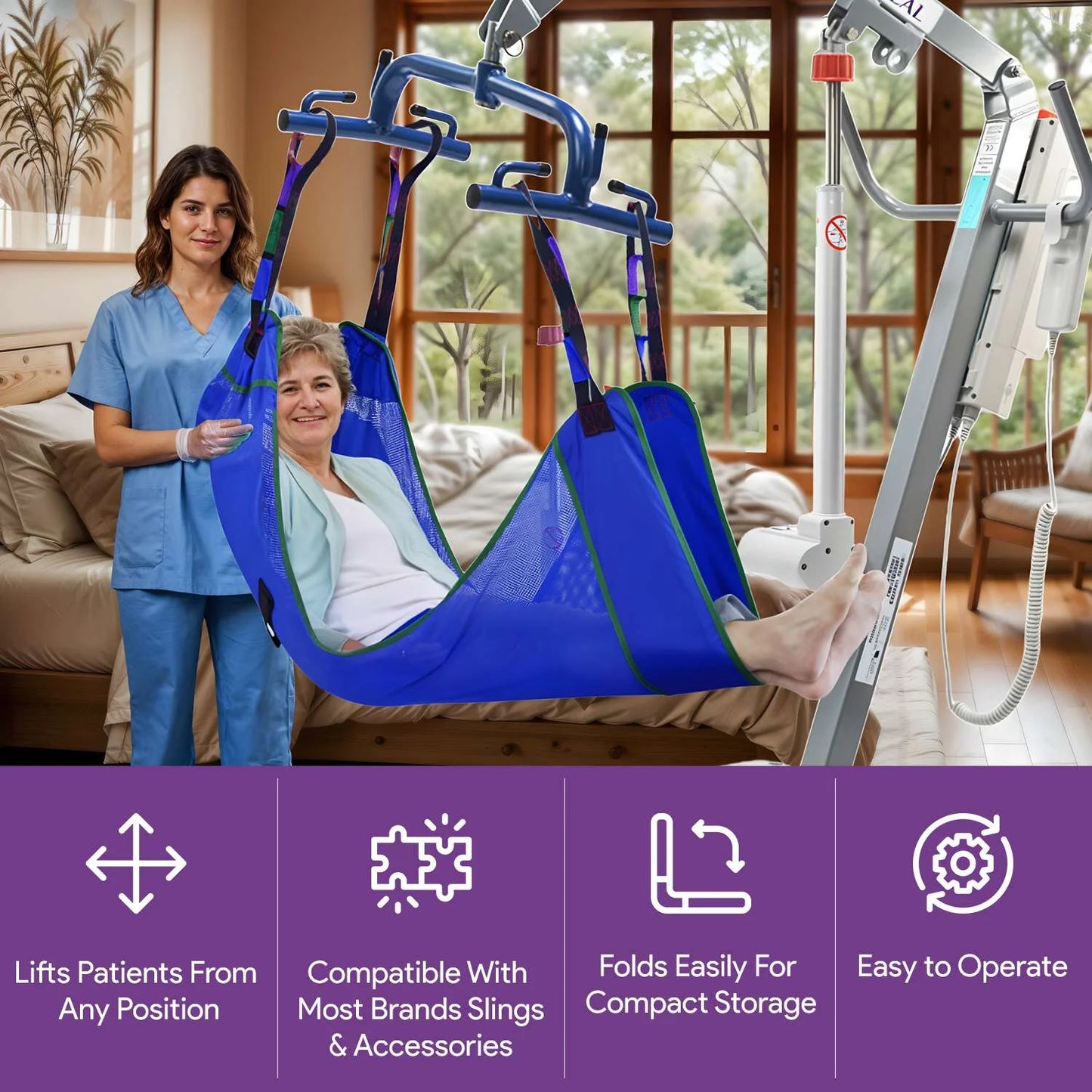 Portable Hydraulic Patient Lift for Home Use - 6 Point Spreader - with Electric Upgrade - Expandable Base, Compact