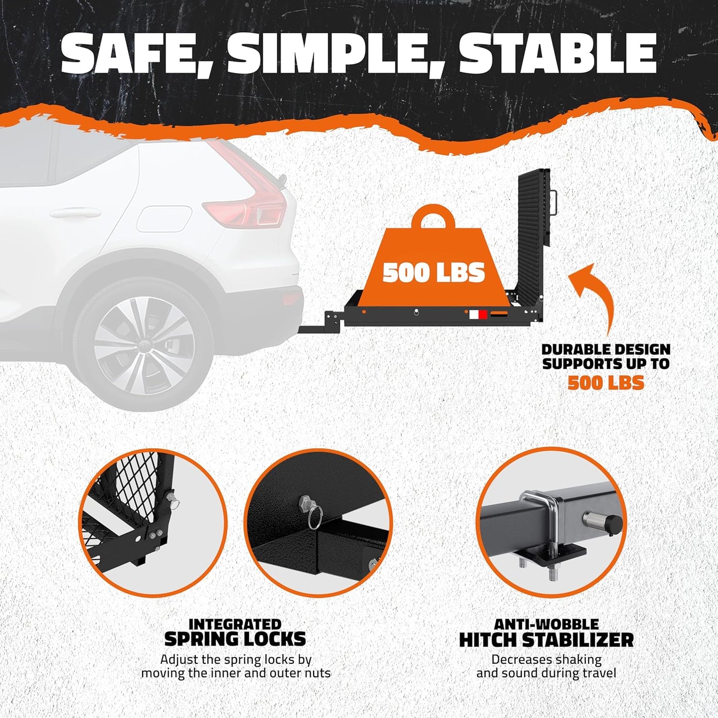 40"X40"X4" Square Trailer Hitch Cargo Carrier with Ramp | 500Lbs Cap Steel Scooter Carrier for Car Hitch with Ramp | Vehicle Cargo Baskets for 2" Receivers | Includes Straps, Lock & Stabilizer