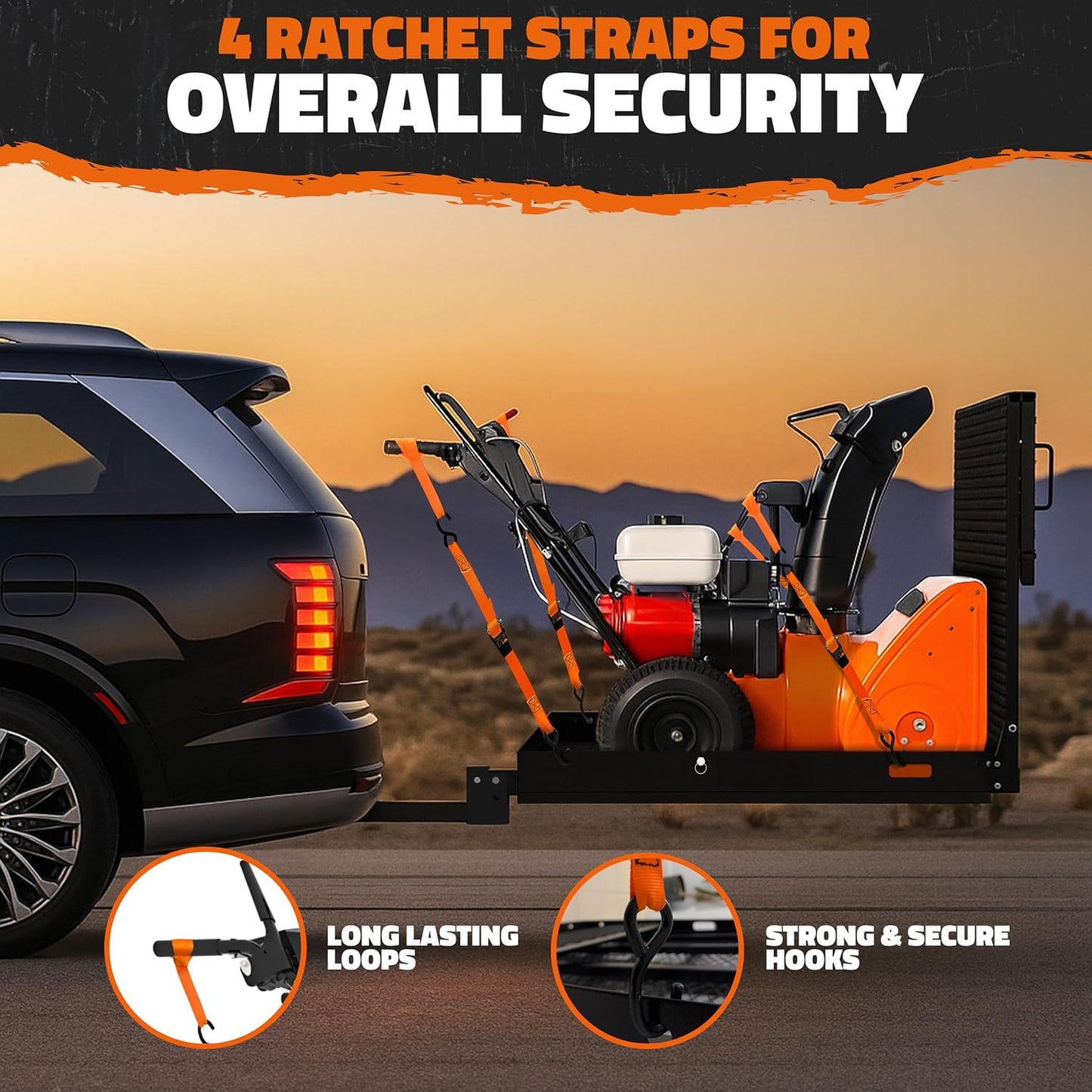 40"X40"X4" Square Trailer Hitch Cargo Carrier with Ramp | 500Lbs Cap Steel Scooter Carrier for Car Hitch with Ramp | Vehicle Cargo Baskets for 2" Receivers | Includes Straps, Lock & Stabilizer