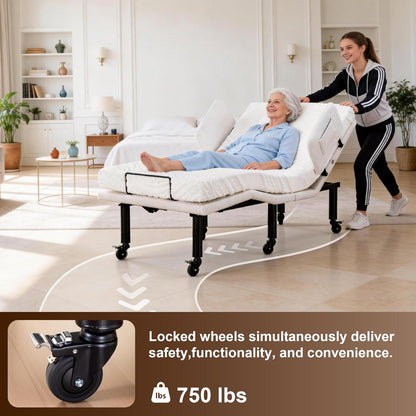 Twin XL Adjustable Bed Frame, Electric Bed Base with Massage, Zero Gravity Mode, Underbed LED Nightlight, Dual Side Rails, Lockable Wheels, Wireless Remote & USB Charging, Heavy Duty Steel