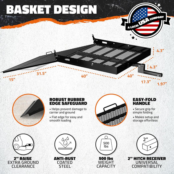 40"X40"X4" Square Trailer Hitch Cargo Carrier with Ramp | 500Lbs Cap Steel Scooter Carrier for Car Hitch with Ramp | Vehicle Cargo Baskets for 2" Receivers | Includes Straps, Lock & Stabilizer