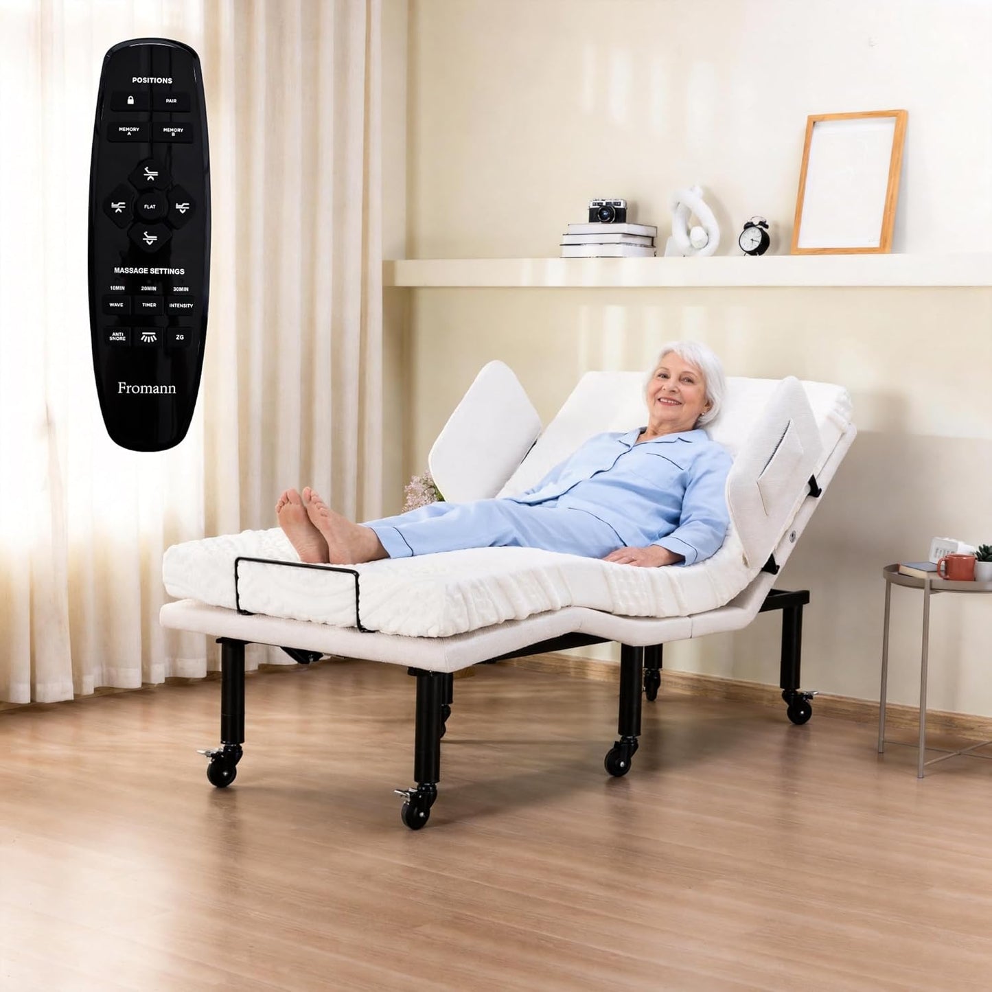 Twin XL Adjustable Bed Frame, Electric Bed Base with Massage, Zero Gravity Mode, Underbed LED Nightlight, Dual Side Rails, Lockable Wheels, Wireless Remote & USB Charging, Heavy Duty Steel