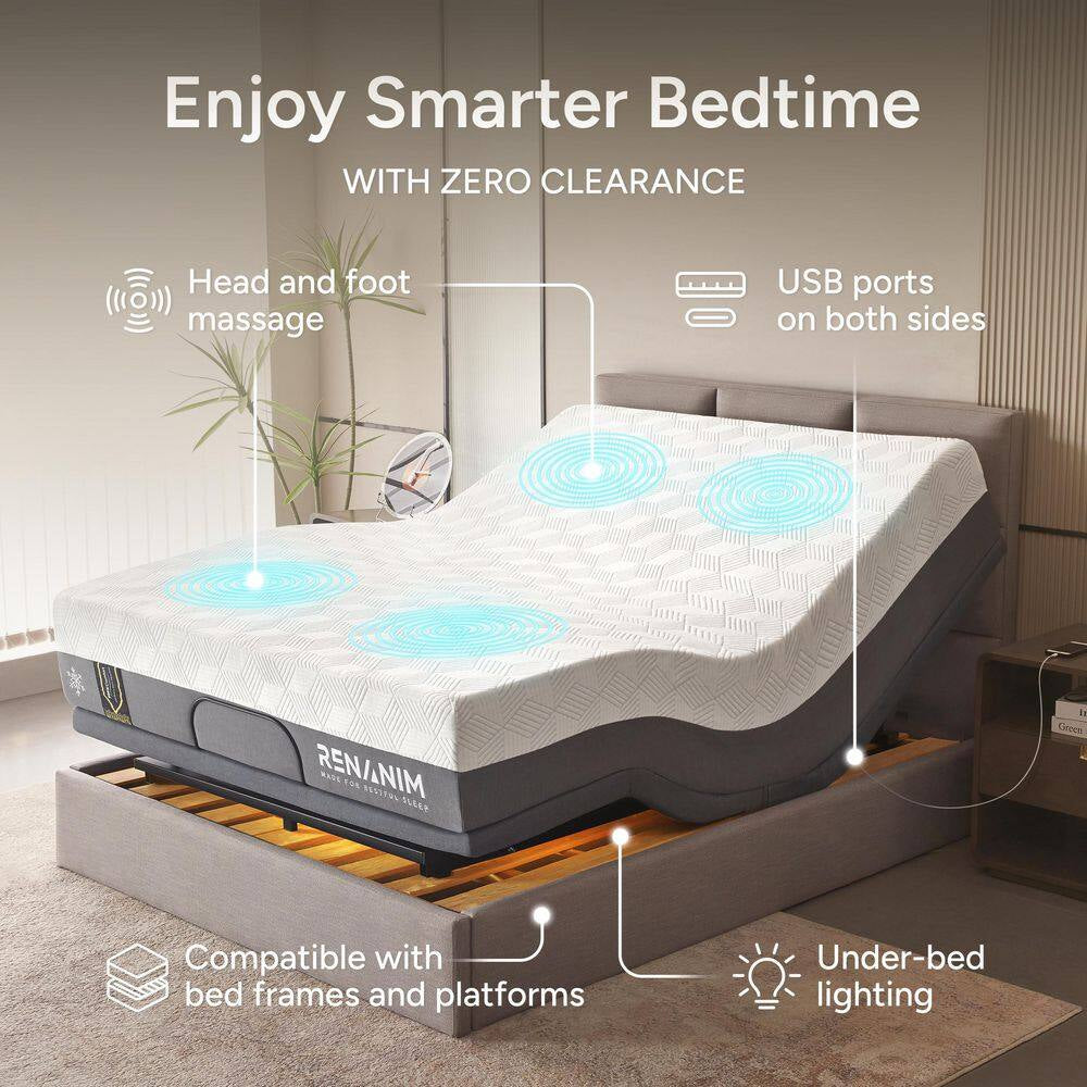 Gray Twin XL Adjustable Bed Frame Base with 14 In. Hybrid Mattress, Massage Wireless Remote Underbed Light Electric Bed
